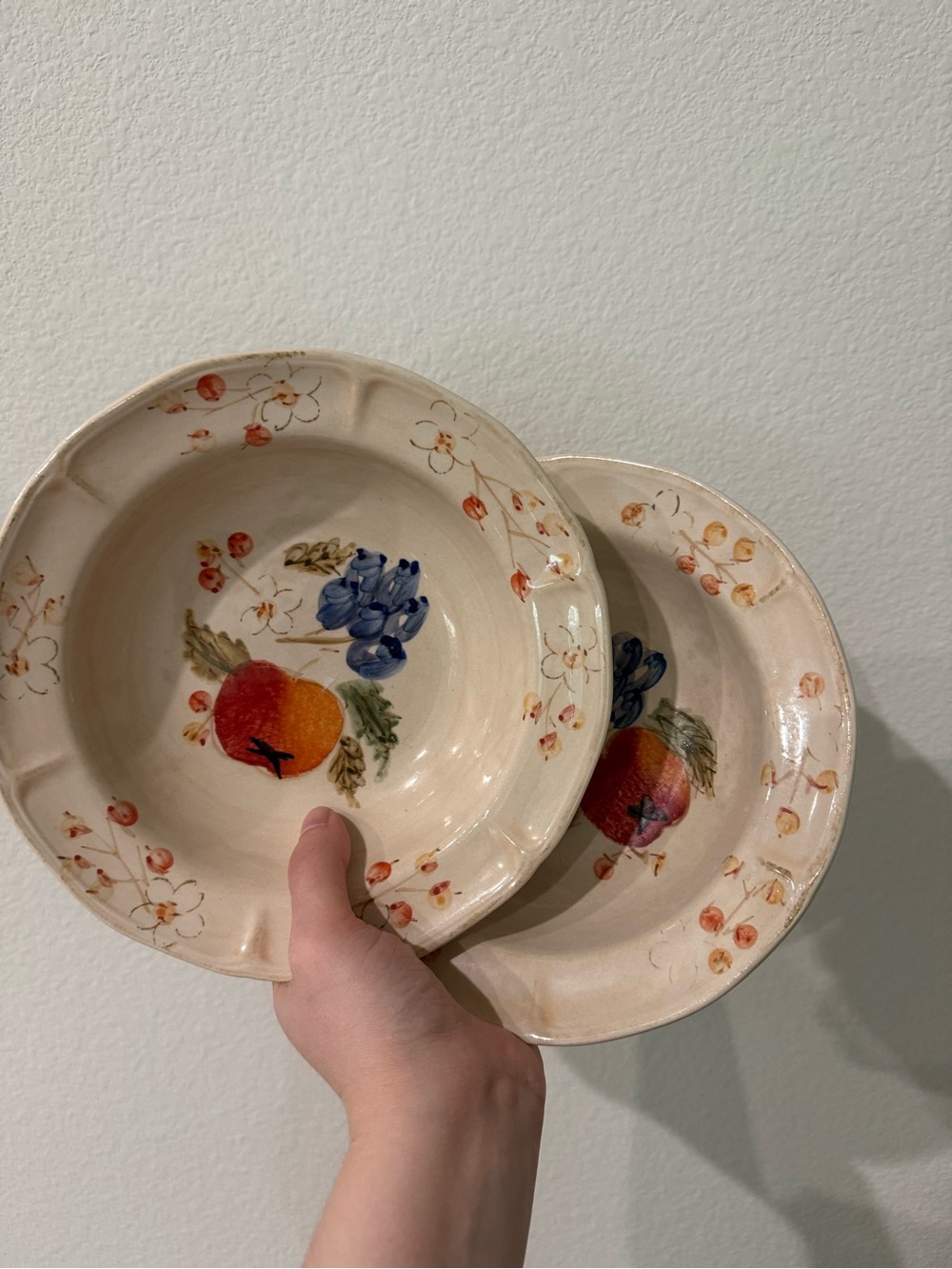 Gibson Cream Floral Fruit Ceramic Bowls with Blue and Orange Accents